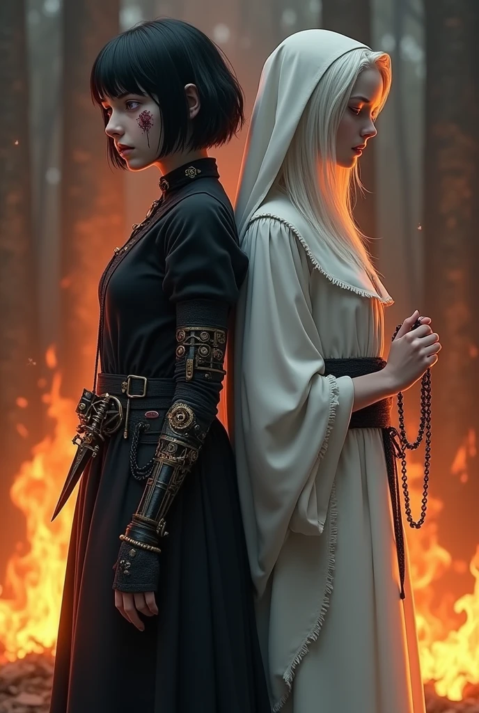 Two pale girls from the middle ages, back to back, the left with violet eye, short black hair, black alchemist robes with technology, cut on the face, the one on the left with a steampunk prosthetic left arm, with pentagram and dagger, with a look of suffering, right with white nun clothes, long white hair, eyes closed holding a rosary, with a bonfire execution in the background