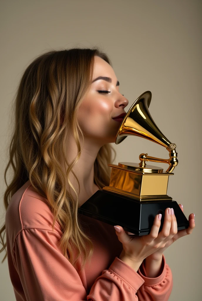 singer sabrina carpenter kissing her grammy while holding it