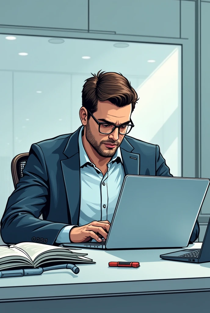 A male technician in a smart shirt and jacket dress, meticulously configuring a laptop in a clean, minimalist workspace in the style of a comic book. The output is square and used in mail marketing.