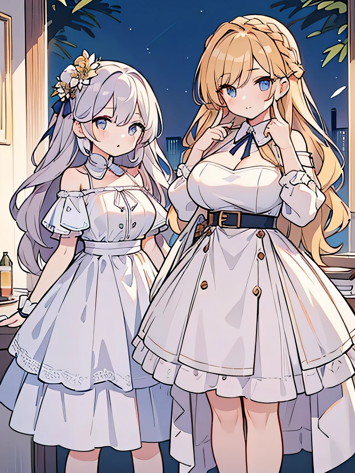Highest quality、High resolution、Detailed Background、(Beautiful face in every detail:1.4)、Anatomically correct、(Normal number of fingers:1.2)、(Highly detailed face)、(Detailed eyes:1.4)、Beautiful women in their 20s、(Huge breasts:1.2)、Perfect body line、Light color hair、Long Hair、Wavy Hairstyle、Cute hairstyle、well-groomed eyebrows、Charm、Dress with confidence、Feminine delicacy、Model pose、
(Two beautiful models at a night party:1.5)、
Tight tops and skirts、Bodycon dresses that accentuate the body line、V-necks and off-shoulder styles will accentuate your femininity by showing off your décolleté.、Choose tops and skirts made of lace or see-through materials、Choose a skirt with a slit、You can add definition by using a tight belt to cinch your waist.、Wear heels、very beautiful