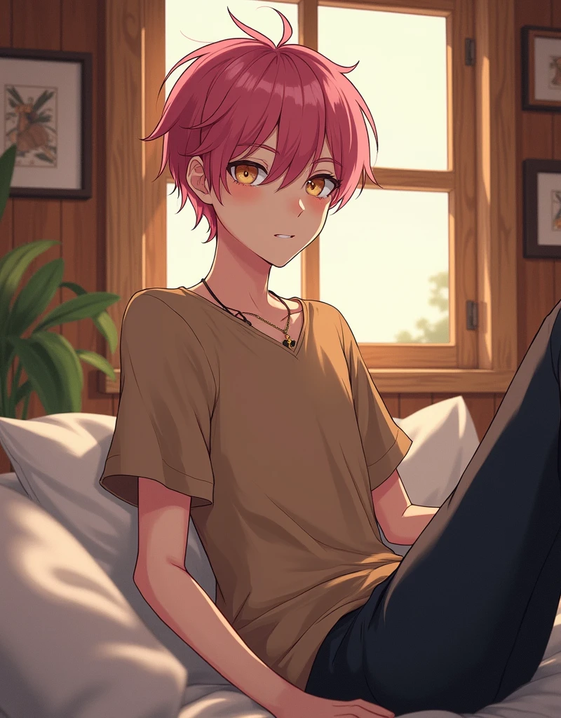 1 anime male character with pink hair and beige eyes wearing a brown shirt and black pants in a cabin
