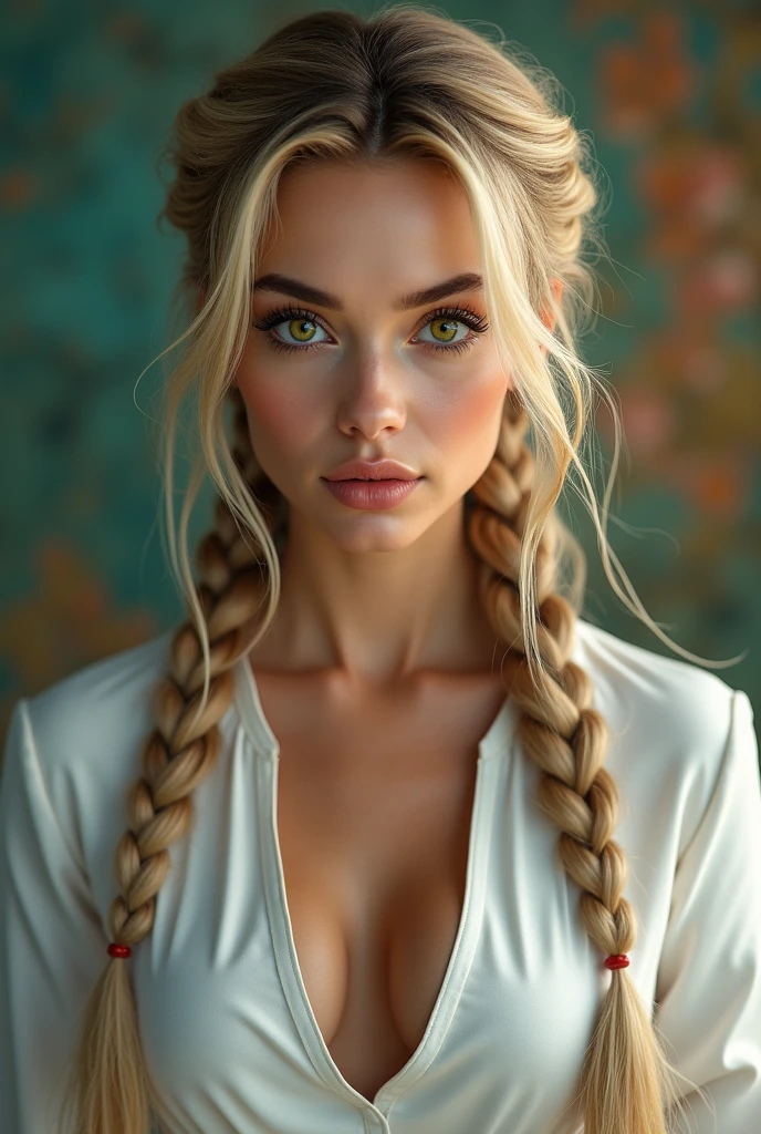 1girl, beautiful detailed eyes, beautiful detailed lips, extremely detailed face, long eyelashes, blonde hair, green eyes, double braids, white uniform, cleavage, confident, (best quality,4k,8k,highres,masterpiece:1.2),ultra-detailed,(realistic,photorealistic,photo-realistic:1.37),detailed portrait, detailed clothing, cinematic lighting, dynamic pose, intricate background, vibrant colors, digital painting