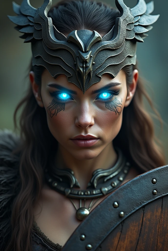 Close up face beautiful viking woman, wooden shield in hand , strong blue light in the eyes, crown with wings , tribal design on the eyes, Angry, bone ornaments on the neck, leather armor, focused