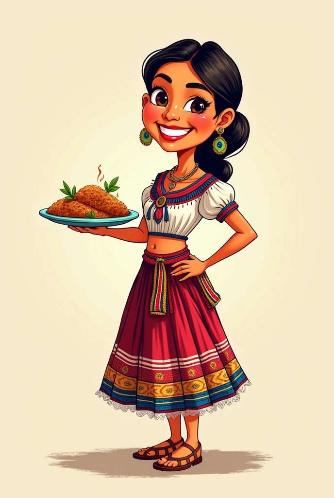 A woman in traditional Guatemalan costume with a plate of food in her left hand and her right hand on her hip 2D cartoon