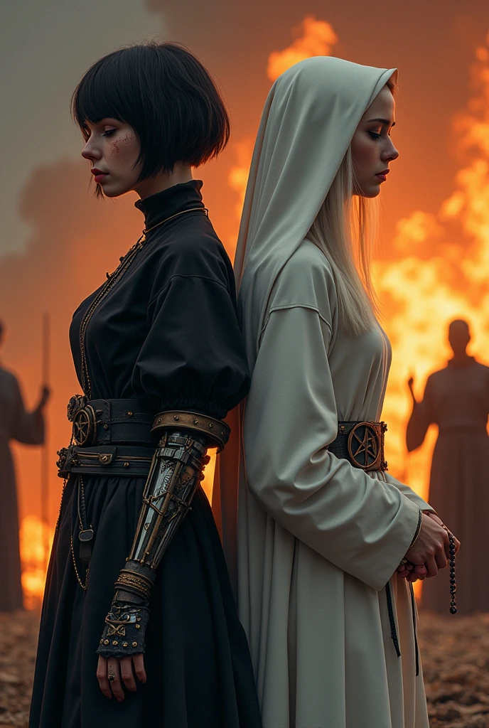 Two pale girls from the middle ages, back to back, the left with violet eye, short black hair, black alchemist robes with technology, cut on the face, the one on the left with a steampunk prosthetic left arm, with pentagram and dagger, with a look of suffering, right with white nun clothes, long white hair, eyes closed holding a rosary, with a bonfire execution in the background