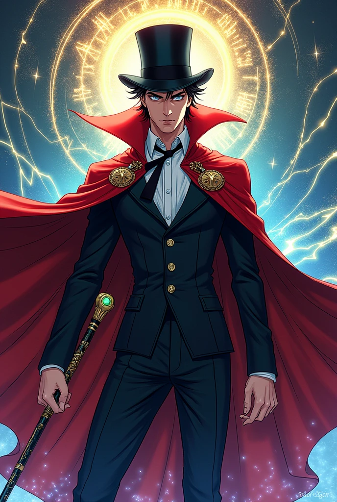 Create a young man with a top hat and a suit and a red cape and who has a cane as a drawing or anime with powers and spells like Doctor Strange