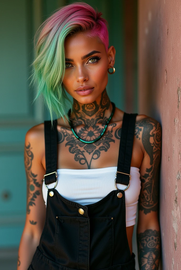 Chola woman with tanned skin, halfshaved pixie haircut, dyed in green and pink, wearing black overalls with a white tank top and with tattoos on her arms and the neck