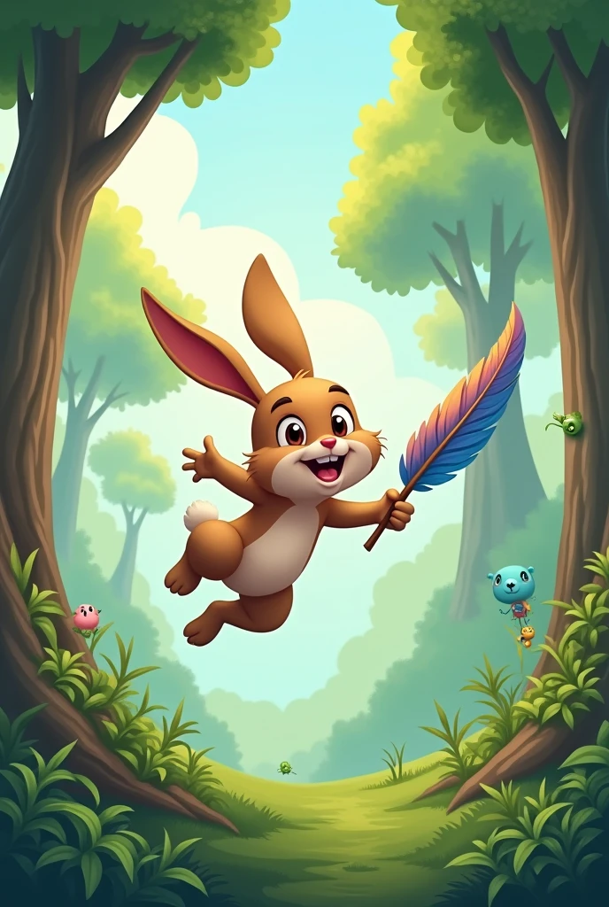 rabbit flying through the forest with a feather cartoon style