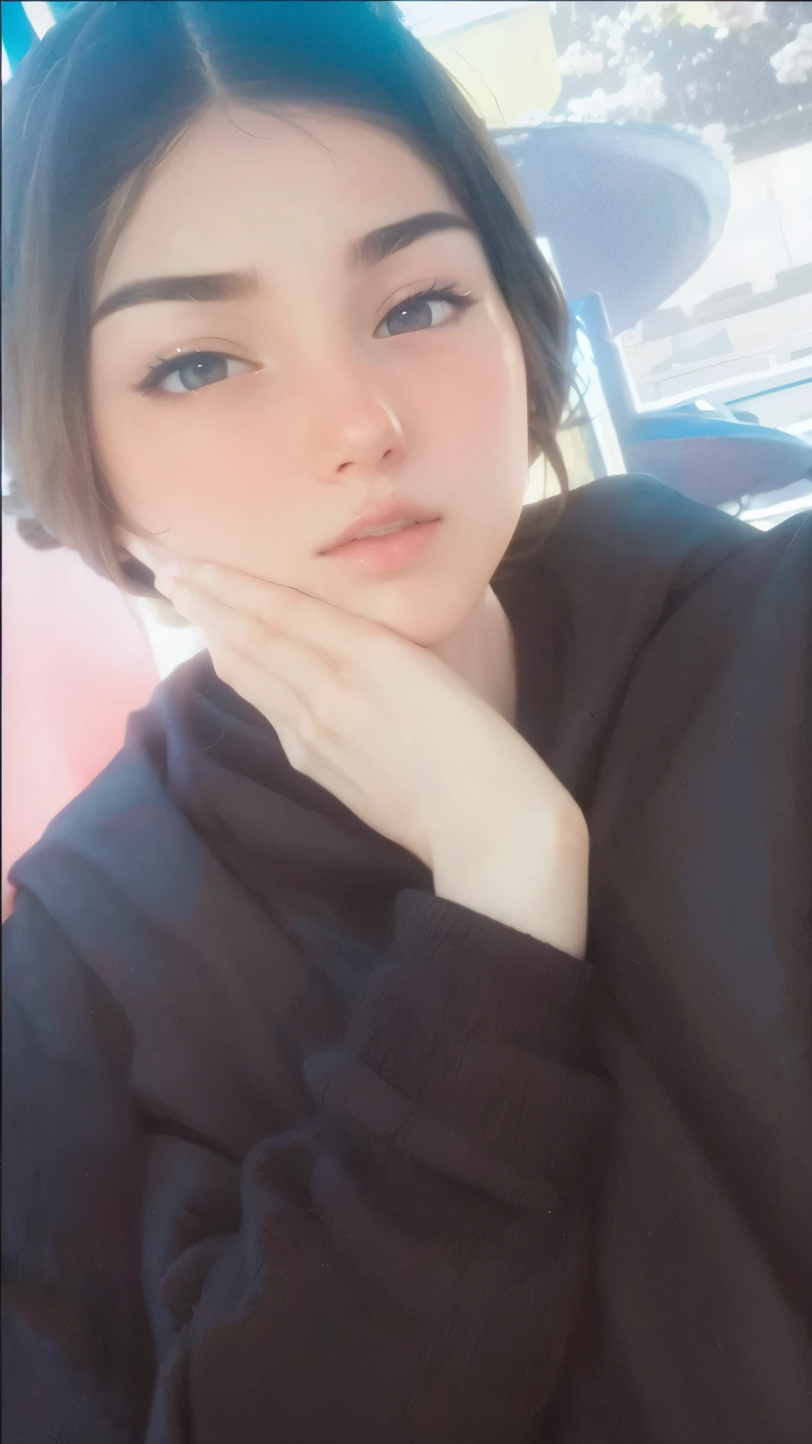 Anime girl, brown hair, brown eyes, her hand is under her jaw 
