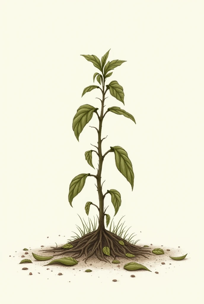 A drawing where there is a plant and you can see the fallen leaves on the floor, that the leaves of the plants are a little droopy and the green color a little brown , that the plant is a little low, without a pot and planted in the ground 