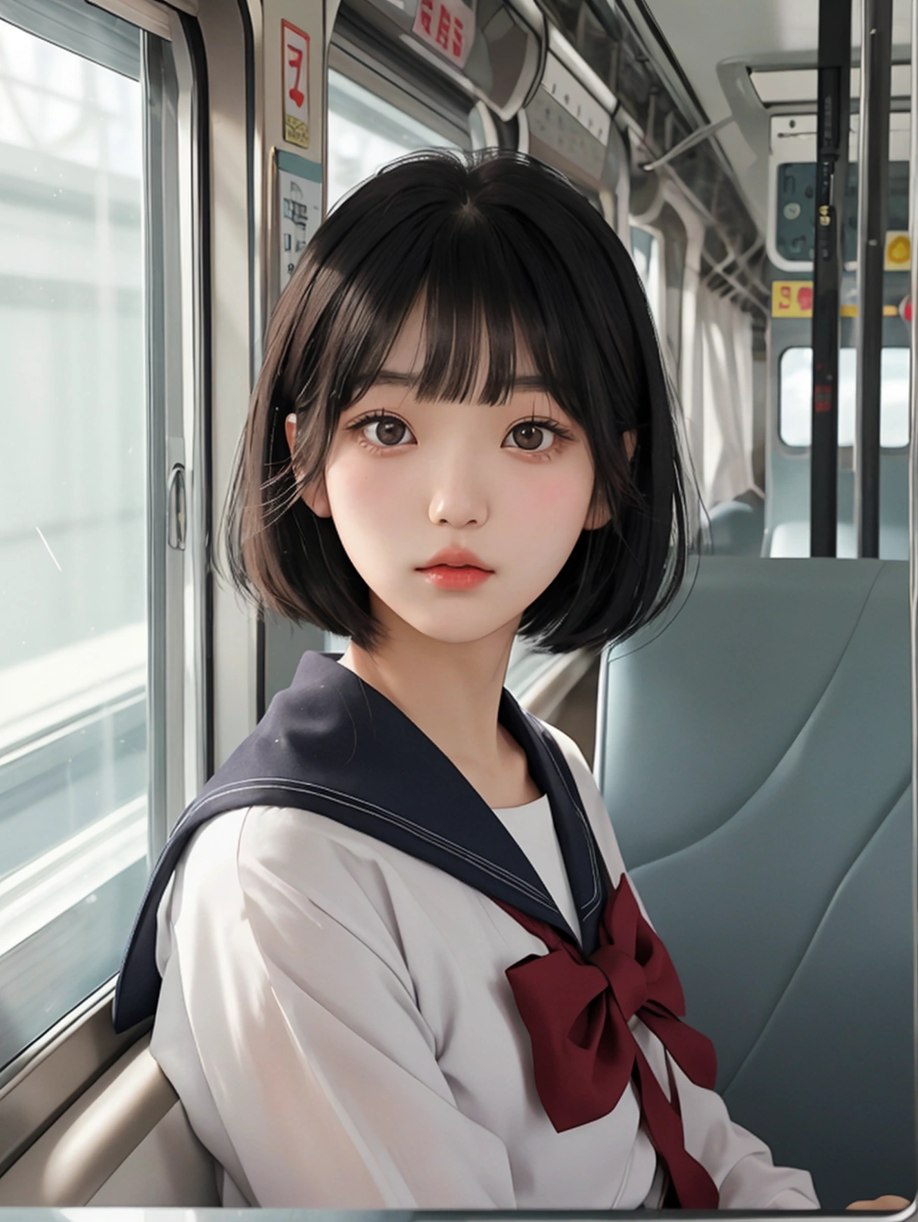The Japanese girl, at the age of eighteen, sat gracefully on the train seat, Sailor uniform、her short black hair framed her pretty face with bangs parted to the side. Her brown eyes sparkled with life as she looked out of the window, her perfect figure accentuated by the transparency
