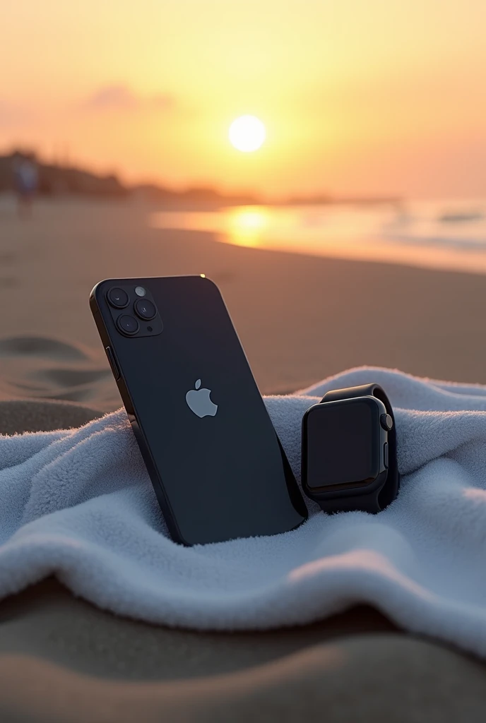 (photorealism: 1.2), realistic photo of the black iPhone 15, apple watch 2 on a beach towel at sunset