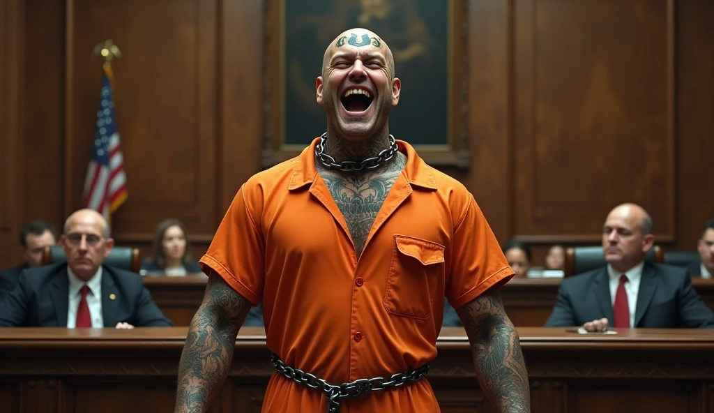 Create an image of a man in ORANGE PRISON clothing, bald and tattooed all over his neck and face, with a very large M on his forehead, standing upright with chains around his neck and thick chains., he is in court being sentenced and laughing at the situation