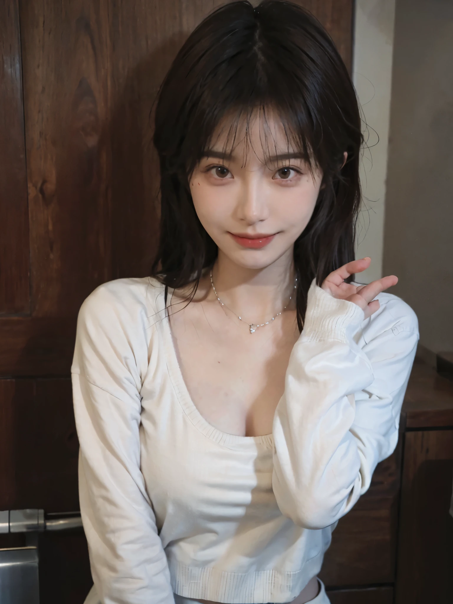 best qualtiy， Ultra-high resolution， （realisticlying：1.4），cute hairpin，Baoyu Girl，1girll,Cropped red sweater ，Beautiful woman with a slim figure:1.4, abs:1.1, (A brown-haired, mideum breasts:1.3), bathroom,Ultra-fine face，Elaborate Eyes，double eyelid，ssmile，choker necklace