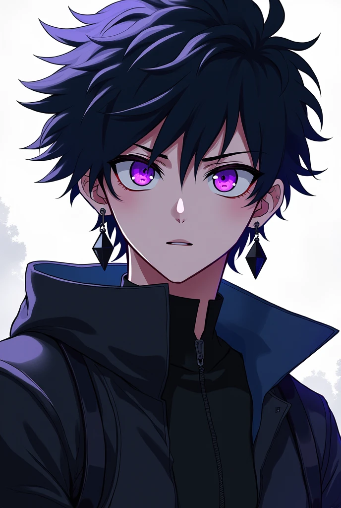 A 1 boy, pale skin, purple eyes, black mid hair, atlhetic body, uses black clothes, use black earrings, mha style, close view 