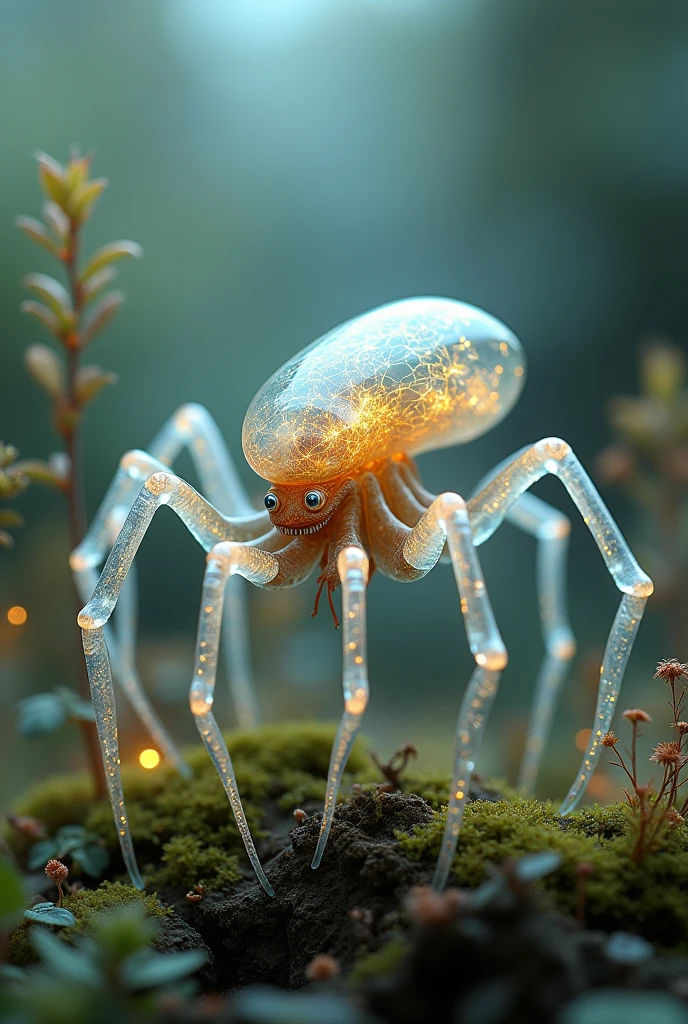 Meta tested - Generate a detailed image of a fantastical creature, resembling a hybrid of a Spider-man, with a translucent body. Place this creature in a miniature world, The overall atmosphere should be dreamy and magical, with a bokeh background that emphasizes the tiny, enchanting details of the creature and its surroundings. The style should combine elements of hyper-realism and fantasy, capturing the delicate textures and vibrant colors with stunning clarity