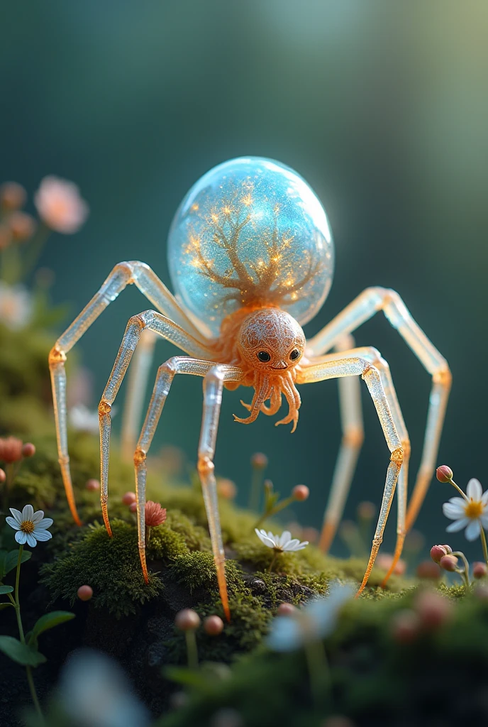 Meta tested - Generate a detailed image of a fantastical creature, resembling a hybrid of a Spider-man, with a translucent body. Place this creature in a miniature world, The overall atmosphere should be dreamy and magical, with a bokeh background that emphasizes the tiny, enchanting details of the creature and its surroundings. The style should combine elements of hyper-realism and fantasy, capturing the delicate textures and vibrant colors with stunning clarity