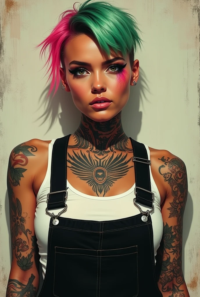 Chola woman with tanned skin, halfshaved pixie haircut, dyed in green and pink, wearing black overalls with a white tank top and with tattoos on her arms and the neck