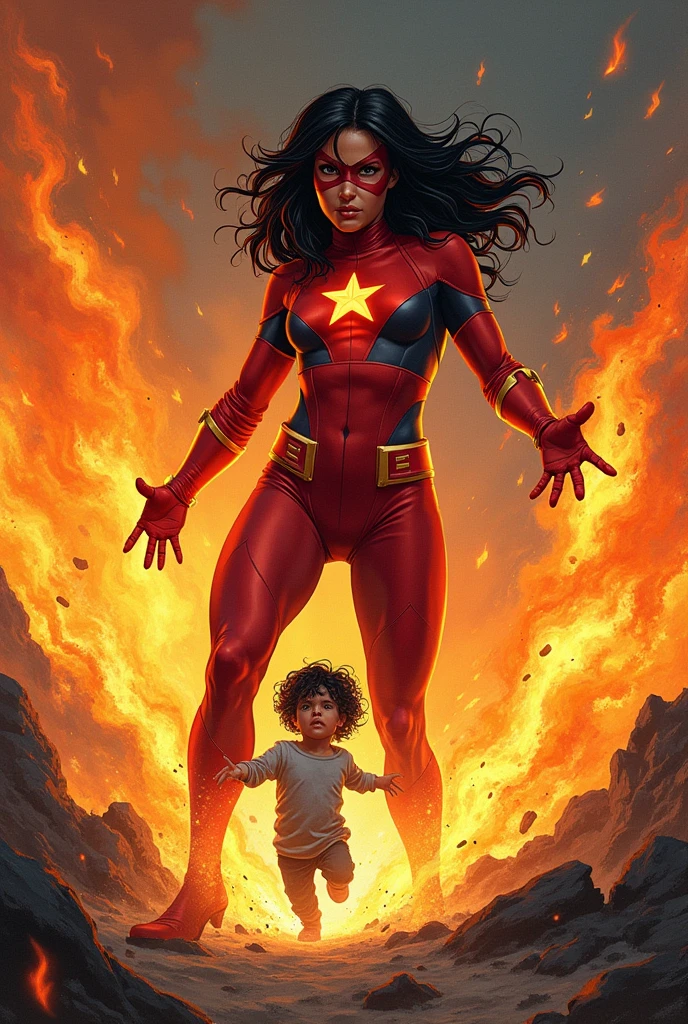 create a comic book cover that has a superhero on it, the superheroine has her red and orange outfit, black hair with red highlights, wear a mask, has the power to extinguish with his hands, that is saving a child, and she is fighting fires and global warming, and the cover looks like the one in Captain America comics