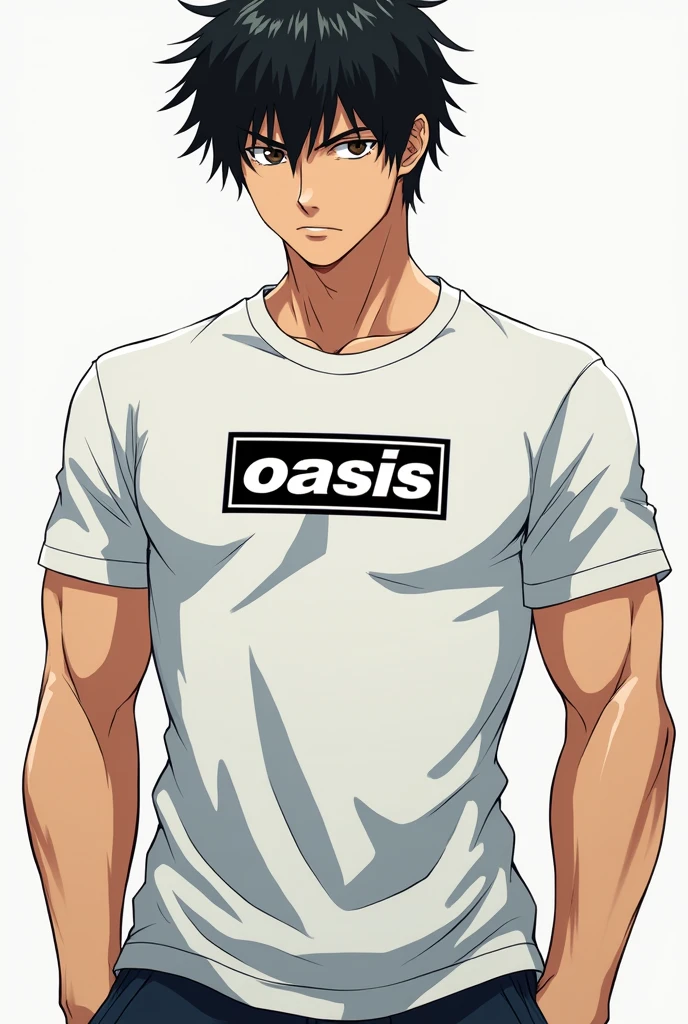 Yuji Itadori from the anime Jujutsu Kaisen wearing a white t-shirt with the Oasis band logo
