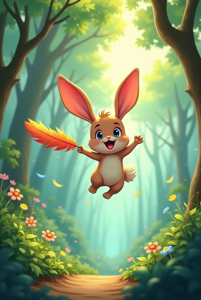 rabbit flying through the forest with a feather cartoon style