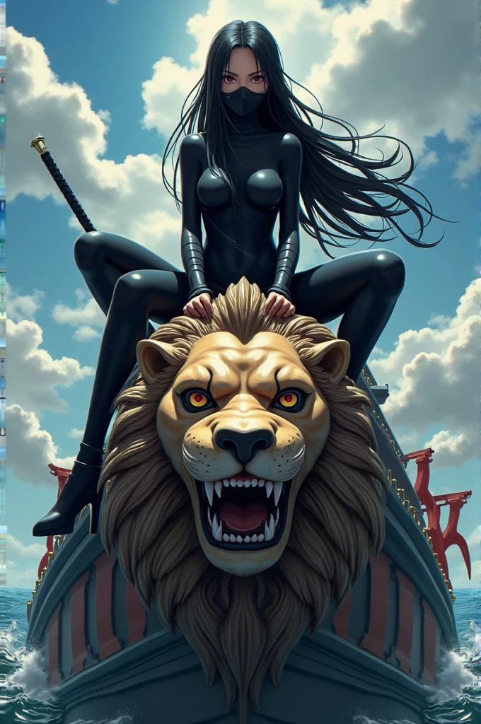 One piece capture.
Long black hair girl. red eyes,
Wearing a ninja suit and face mask sitting on the lion's head on the boat. Carrying two swords one in each hand.