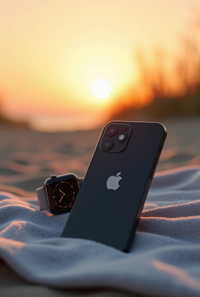 (photorealism: 1.2), realistic photo of the black iPhone 15, apple watch 2 on a beach towel at sunset
