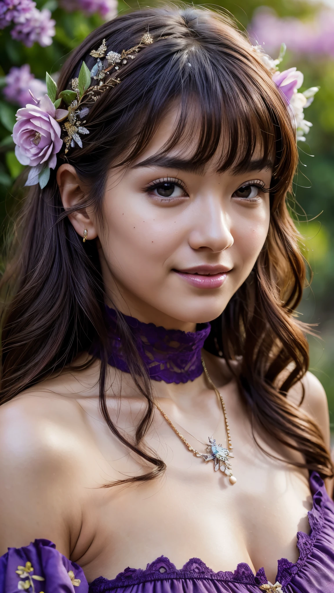(realistic:1.3), finely detailed, quality, rembrandt lighting, (masterpiece:1.2), (photorealistic:1.2), (best quality), (detailed skin:1.3), (intricate details), dramatic, ray tracing, 1girl, japanese girl, 2, detailed skin texture, (blush:0.5), (goosebumps:0.5), subsurface scattering, smiling, medium breasts, long curls, bangs, hair between eyes, hair ornaments, ((purple) fairy dress:1.1), halterneck, turtleneck, lace embroidery, bare shoulders, strapless, dynamic pose, (outdoors, garden, nature, flowers),