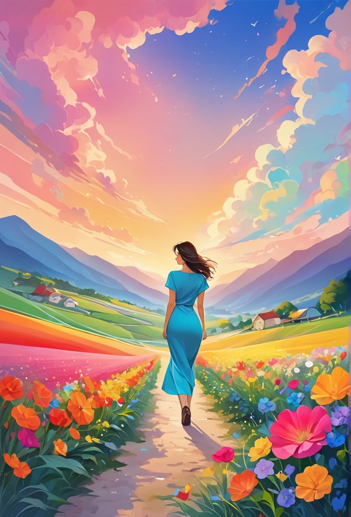 Watase Seizo style, whole body,Low - Angle, muscle, Simple line initials,Abstract art,Countryside Background, (((The most beautiful woman))), Lips in Love, walk, Colorful flowers, colorful, The monsters surrounding the woman, Kindness