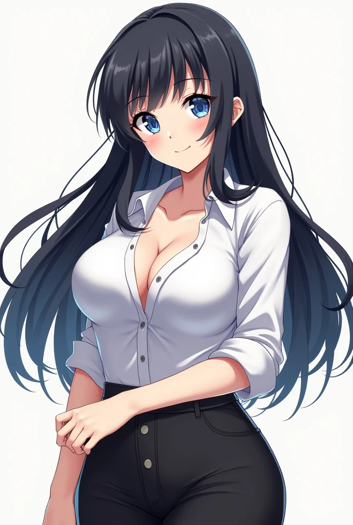 Anime character girl Himawari Uzumaki adult with a white shirt a little open and black pants with big breasts 