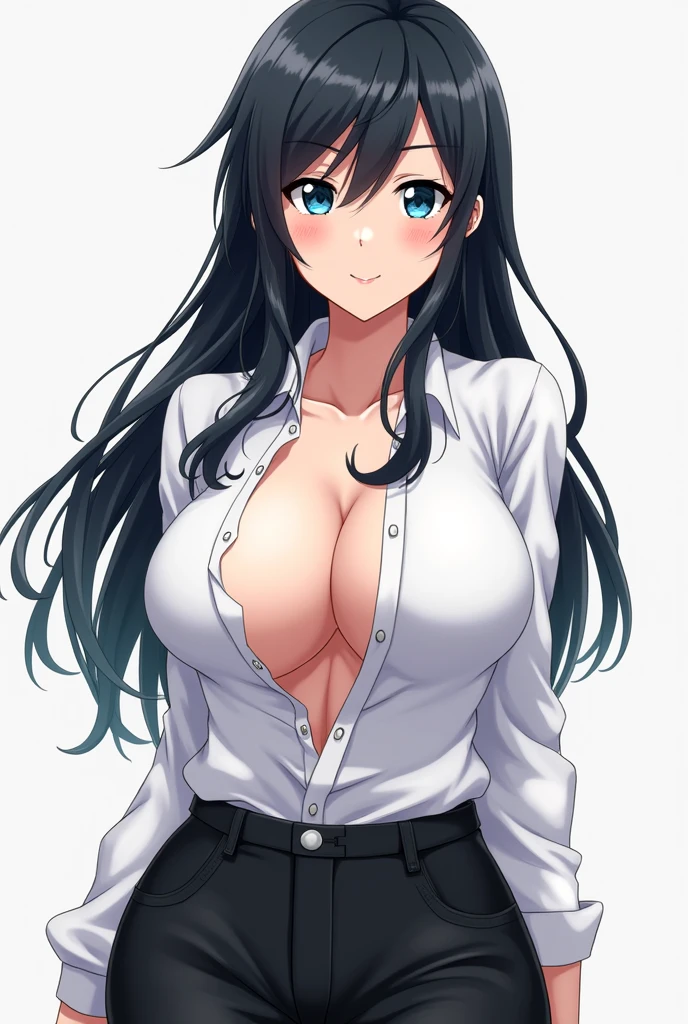 Anime character girl Himawari Uzumaki adult with a white shirt a little open and black pants with big breasts 