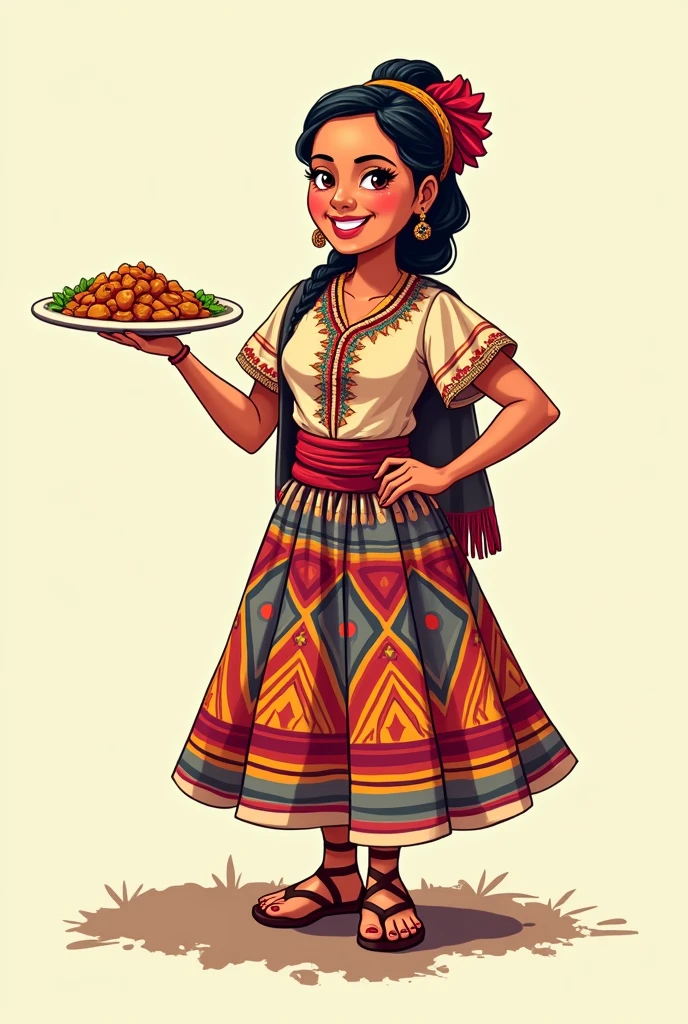 A woman in traditional Guatemalan costume with a plate of food in her left hand and her right hand on her hip 2D cartoon