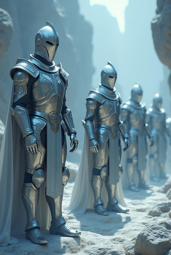 a group of shiny silver knights, sodium (na) and potassium (k) as protagonists, the land of alkali metals, everything shines like silver, hyperrealistic, cinematic lighting, epic fantasy, dramatic composition, highly detailed, 8k, photorealistic