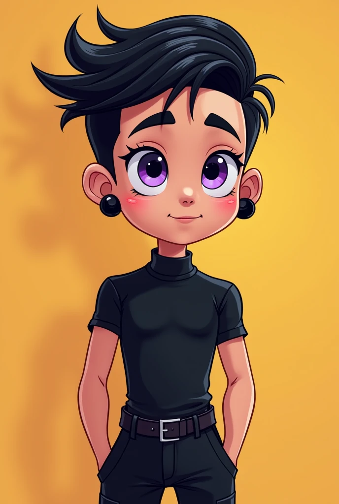 A 1 boy, pale skin, purple eyes, black mid hair, atlhetic body, uses black clothes, use black earrings,  cartoon style, close view 