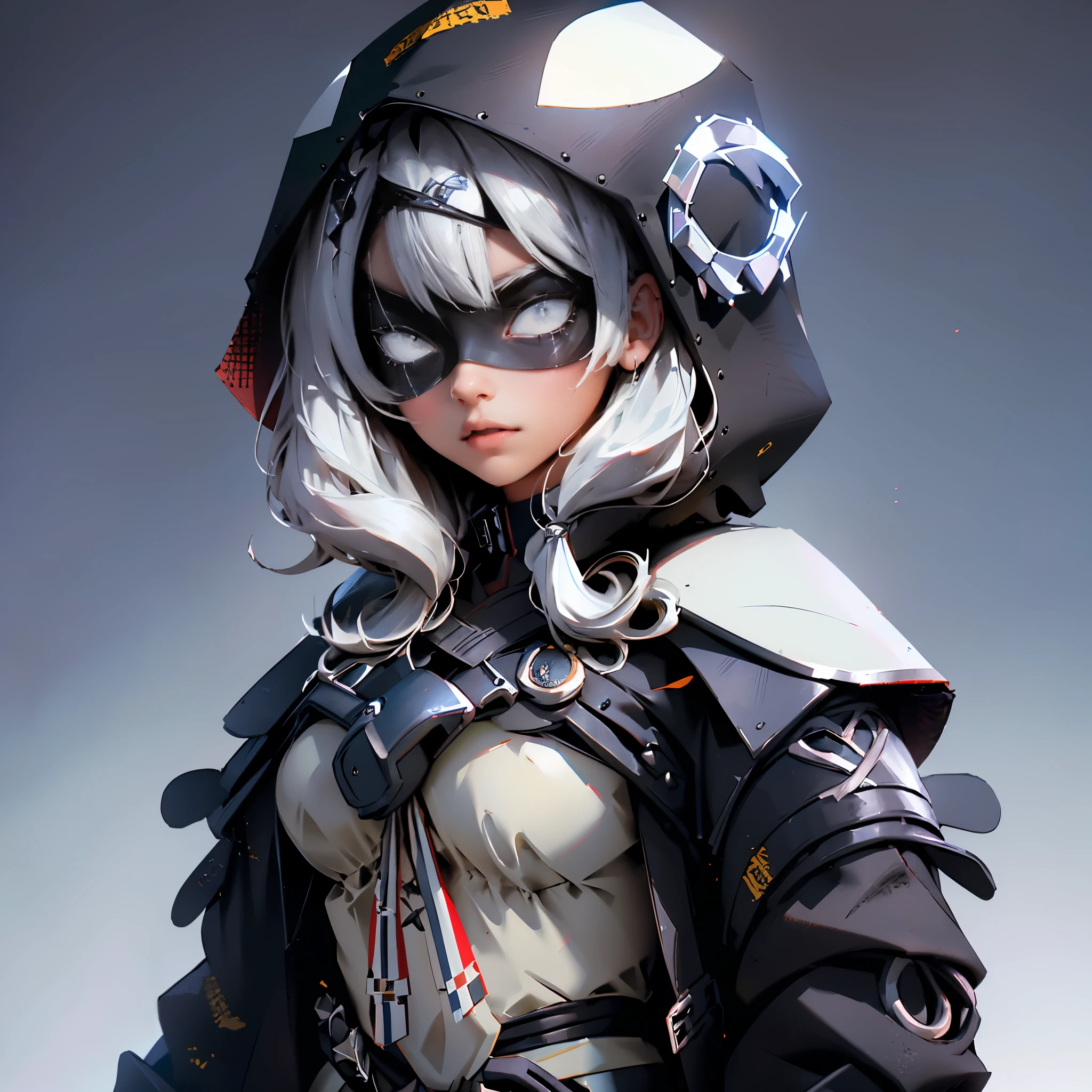 envision a 8k, highres, cinematic, beautiful close up portrait of a ninja girl with pretty features posing with a katana with white multicolored hair, a white camisole, black jacket with hood up with light armor plates, katana's on her back, black eye mask with white eyes , in dark lighting, against a dark gray background