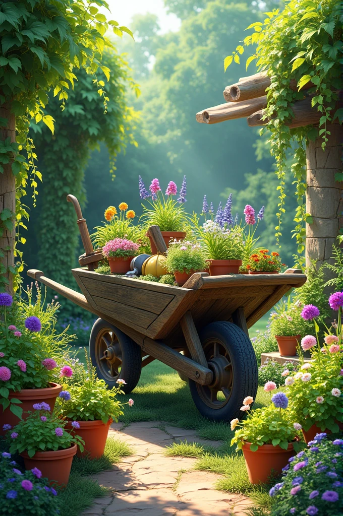 Garden with bright green colors, colored silvers, a wheelbarrow with garden tools and pots with plants