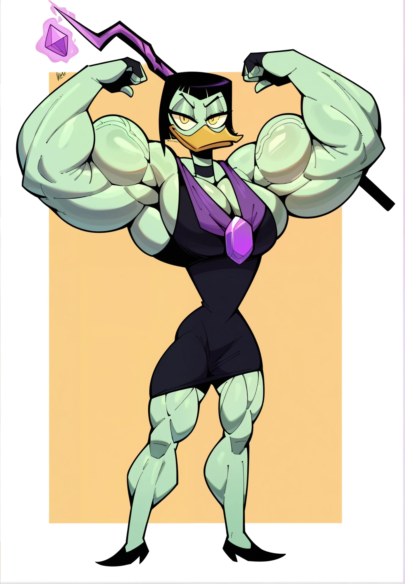 score_9, score_8_up, score_7_up, score_6_up, best quality, highres, source_furry, masterpiece, BREAK
1girl, mansion, indoors, female, solo, duck, green skin, mature female, cape, short hair, black hair, black dress, purple amulet, elbow gloves, choker, yellow eyes, narrowed eyes, bags under eyes, fingerless_gloves, seductive, curvy,  holding black staff, magic_user, purple energy, big breasts, big muscles, muscular body, big arms, jhuhe breast-like pecs, massive pectoral muscles, big, thick chest, cleavage