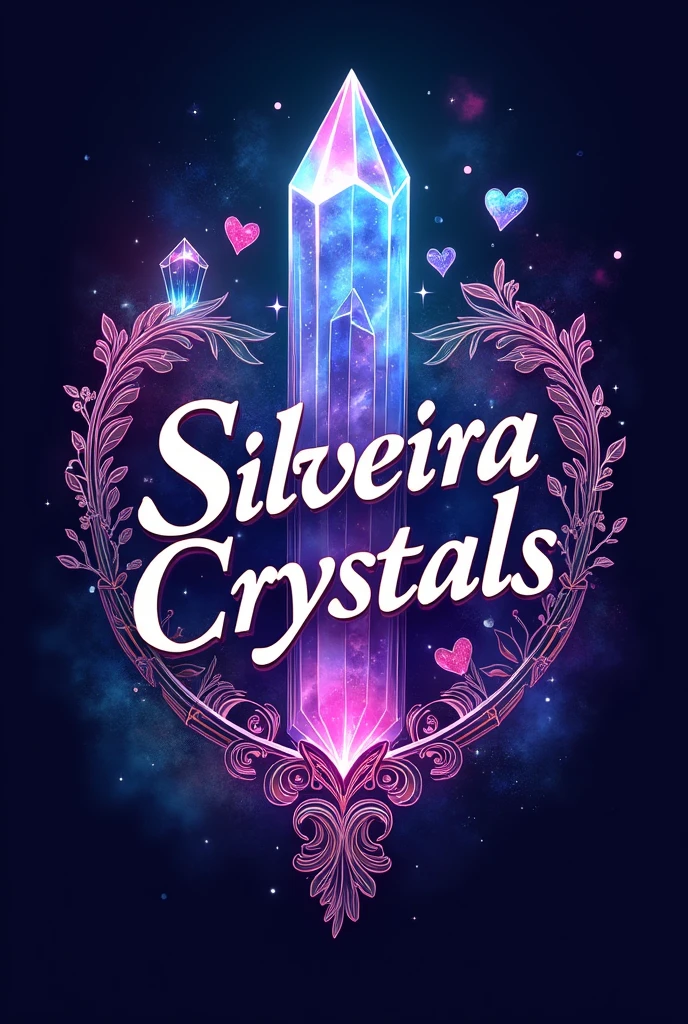 business logo with the name Silveira Crsytals written with drawings in crests and quartz and hearts with a magical background with colorful colors with bright crystals and neon colors