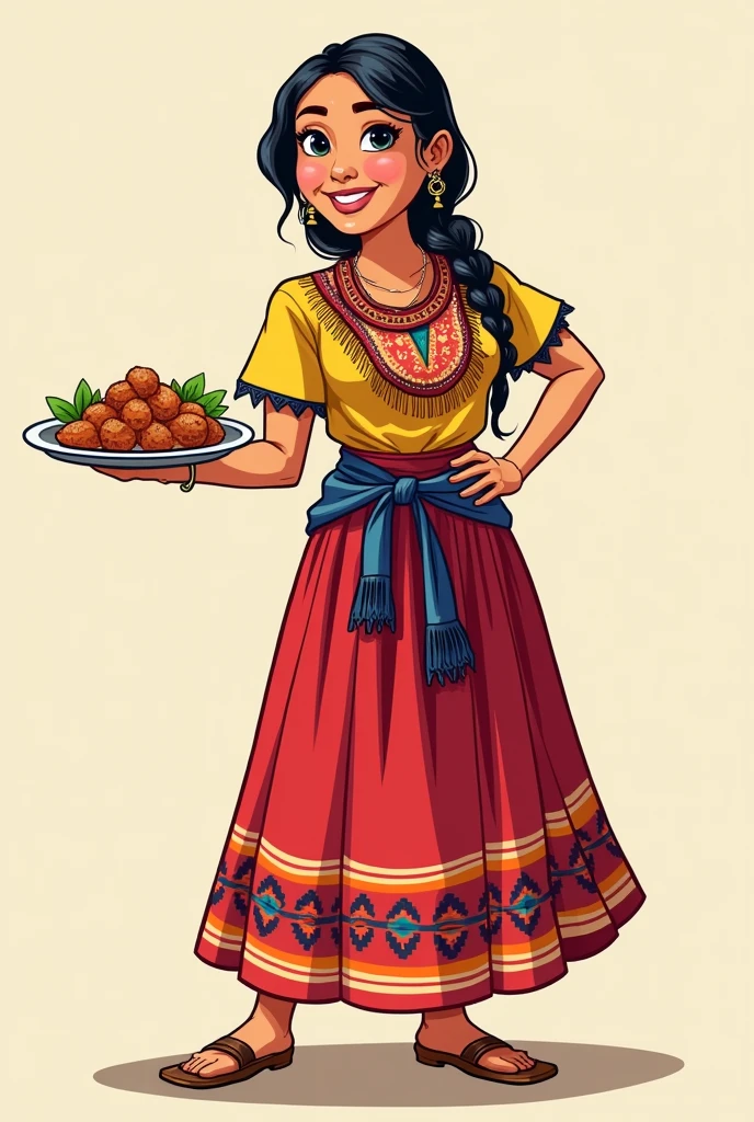A woman in traditional Guatemalan costume with a plate of food in her left hand and her right hand on her hip 2D cartoon