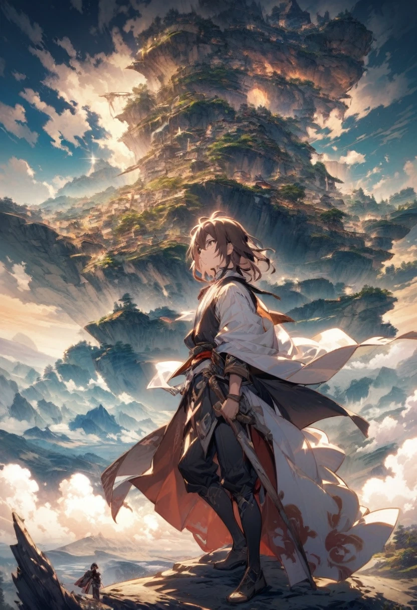 Ambitious、Akechi Mitsuhide dreams of conquering the world。He has a map in front of him、Gazing into the distance as if looking to the future。The Sengoku period landscape unfolds in the background