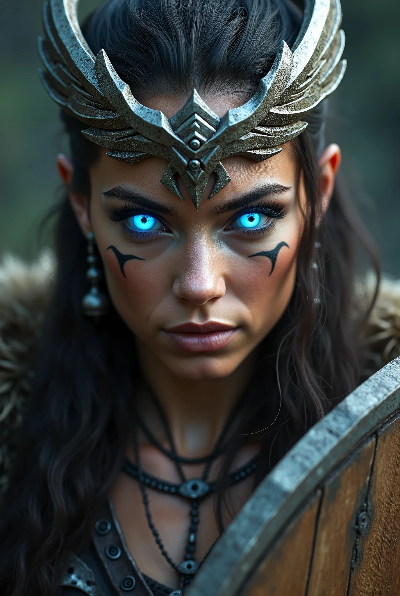 Close up face beautiful viking woman, wooden shield in hand , strong blue light in the eyes, crown with wings , tribal design on the eyes, Angry, bone ornaments on the neck, leather armor, focused