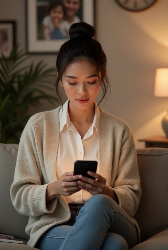 Housewife paying her electricity bill from her cell phone 