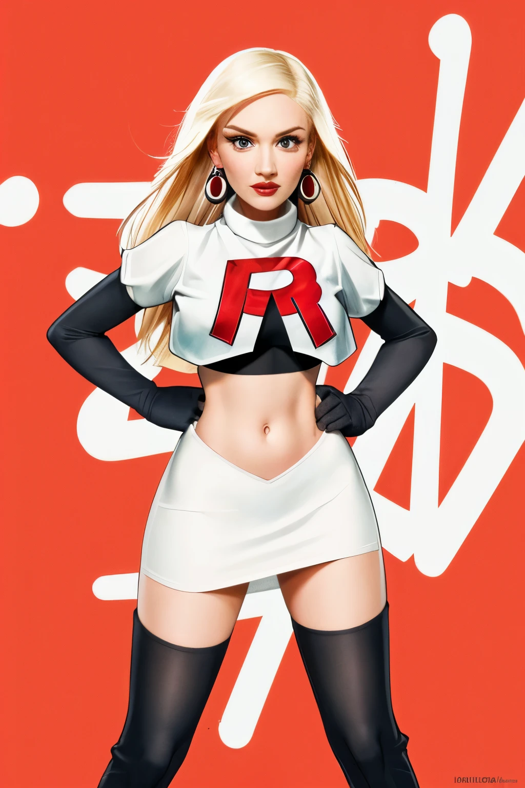 The face of Gwen stefani, 1girl, solo, team rocket,team rocket uniform,white skirt,red letter R,crop top,black thigh-highs,black elbow gloves, earrings, large breasts,