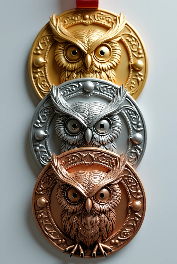 Create 3 medals, of gold, silver and bronze in the shape of an owl