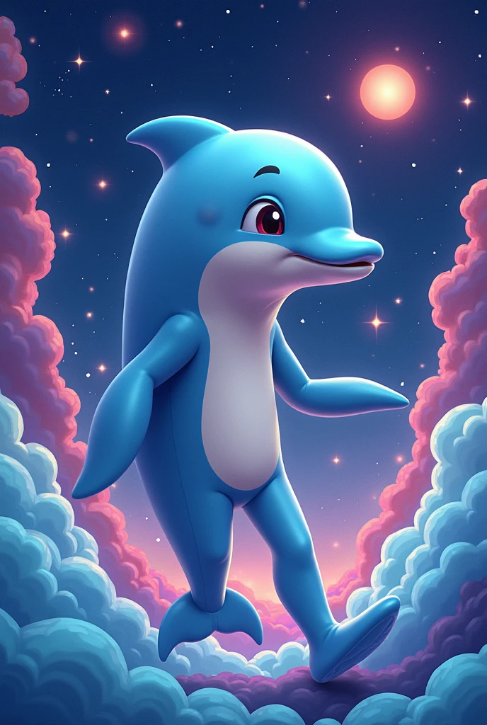 Create a cartoon character with a defined human body and a dolphin's head, the background should be a galaxy