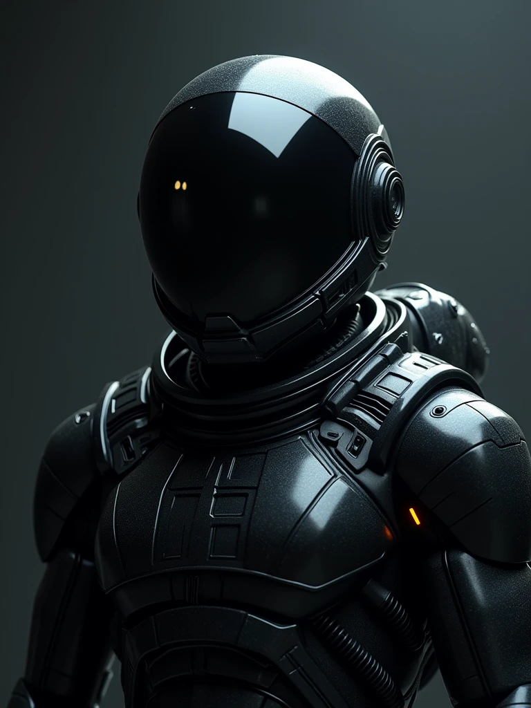 A Erie space suit with a solid visor and it is black and metallic