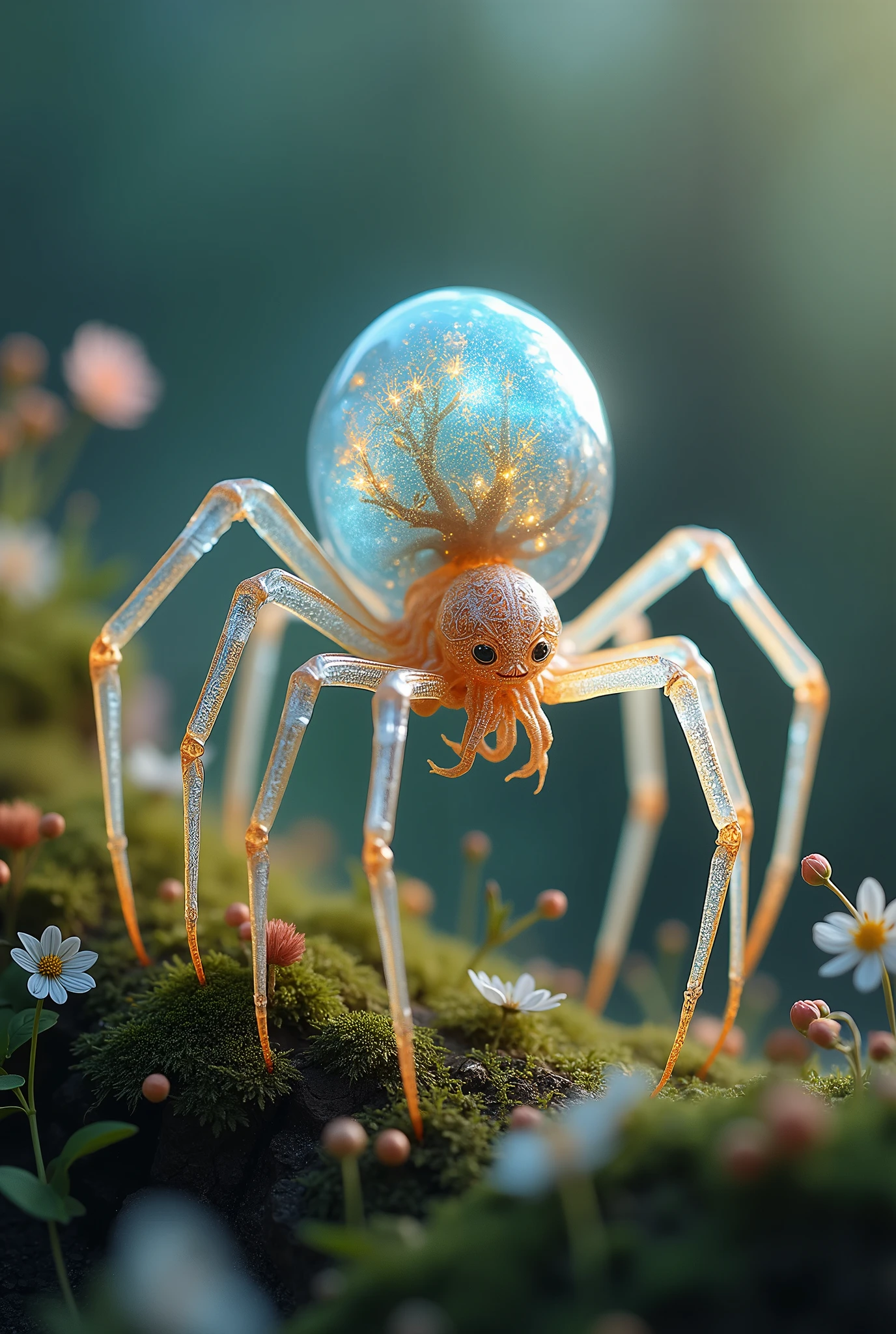 Meta tested - Generate a detailed image of a fantastical creature, resembling a hybrid of a Spider-man, with a translucent body. Place this creature in a miniature world, The overall atmosphere should be dreamy and magical, with a bokeh background that emphasizes the tiny, enchanting details of the creature and its surroundings. The style should combine elements of hyper-realism and fantasy, capturing the delicate textures and vibrant colors with stunning clarity
