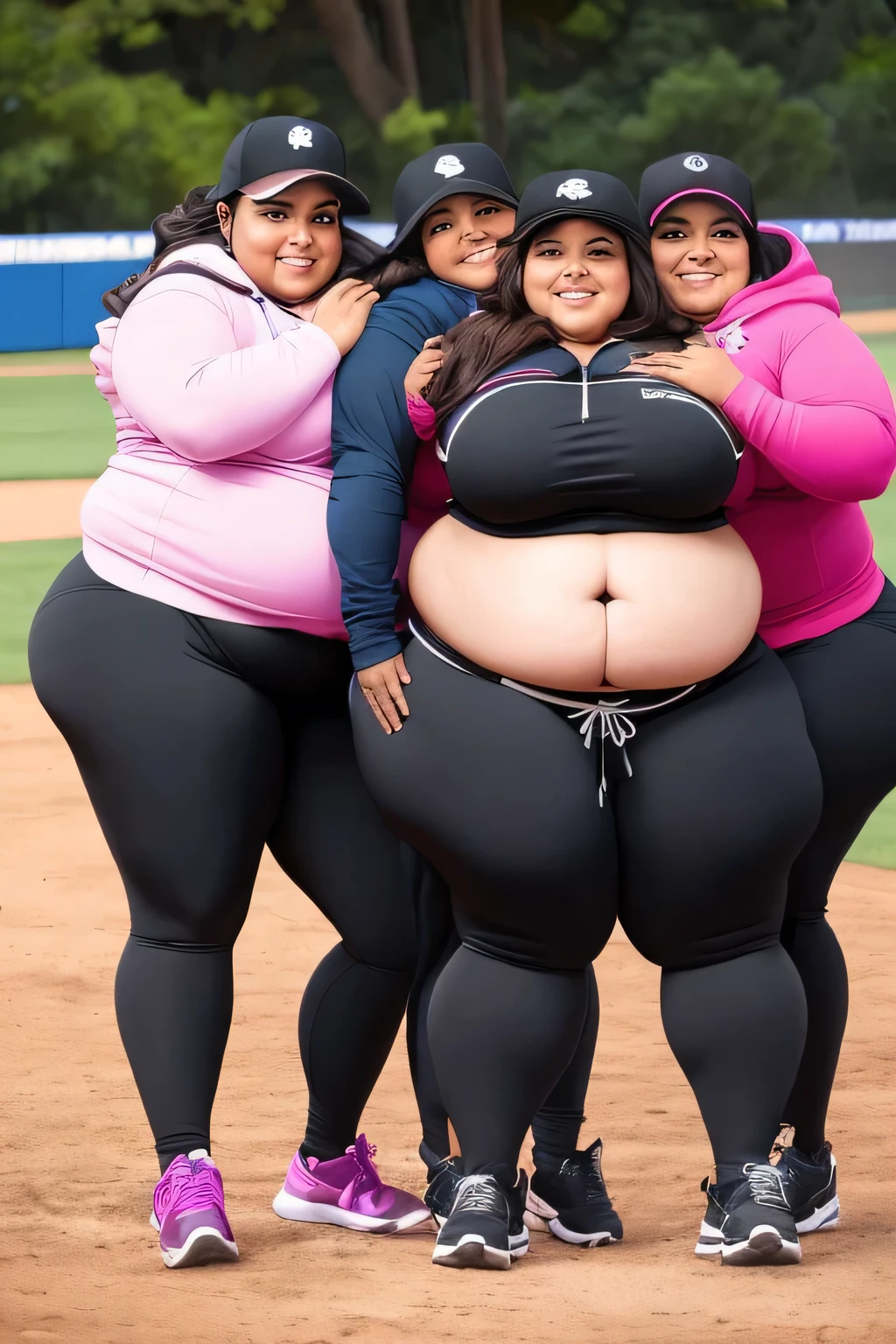 six extremely fat old latino women hugging, huge bust, 300 pounds, black pants, large stomach, lovehandles, smiling, bbw, plus size woman, wearing baseball cap, belt, massive and gigantic belly, wearing hoodie, hand on stomach, sitting