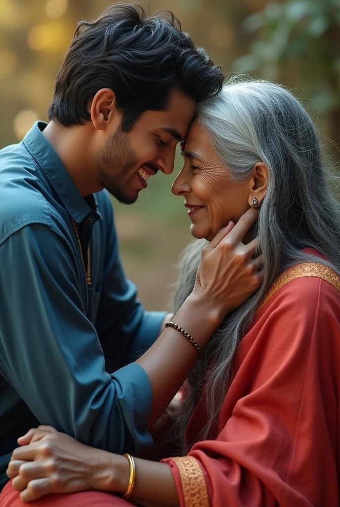 image appears to be an AI-generated scene depicting a tender moment between a young man and an elderly woman. The young man, dressed in a blue outfit, is seen gently caring for the elderly woman's long, flowing hair, which is a mix of white and black, symbolizing her age. The woman is wearing a red saree, sitting calmly, and her expression reflects serenity and contentment. The young man is leaning close to her, with his face near her hair, conveying affection and care.