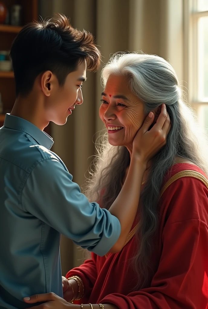 image appears to be an AI-generated scene depicting a tender moment between a young man and an elderly woman. The young man, dressed in a blue outfit, is seen gently caring for the elderly woman's long, flowing hair, which is a mix of white and black, symbolizing her age. The woman is wearing a red saree, sitting calmly, and her expression reflects serenity and contentment. The young man is leaning close to her, with his face near her hair, conveying affection and care.